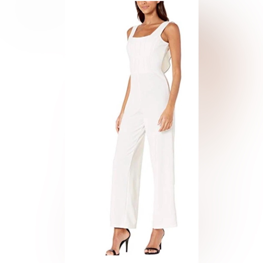 BEBE Ivory Jumpsuit Contrast Stitching and Ruffled Back Detail, Size 4, EUC